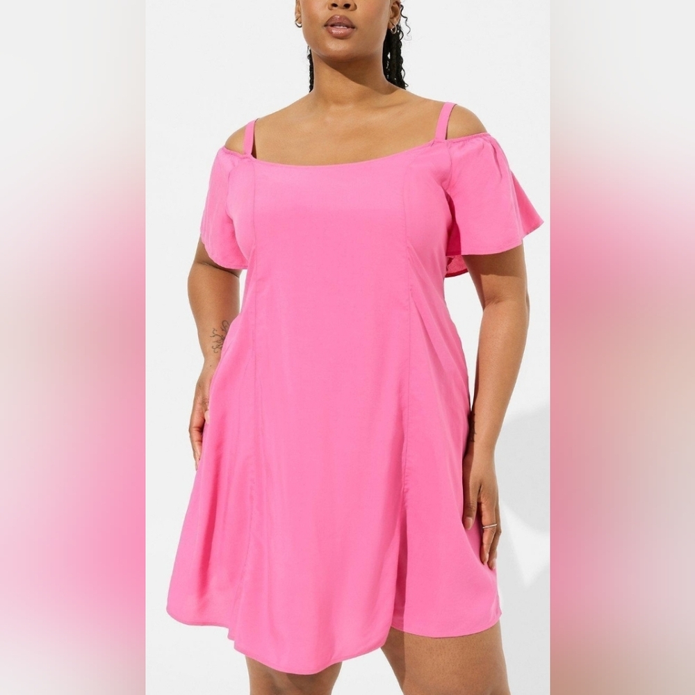 Torrid M/L Pink Mini Challis Cold Shoulder Trapeze Dress New